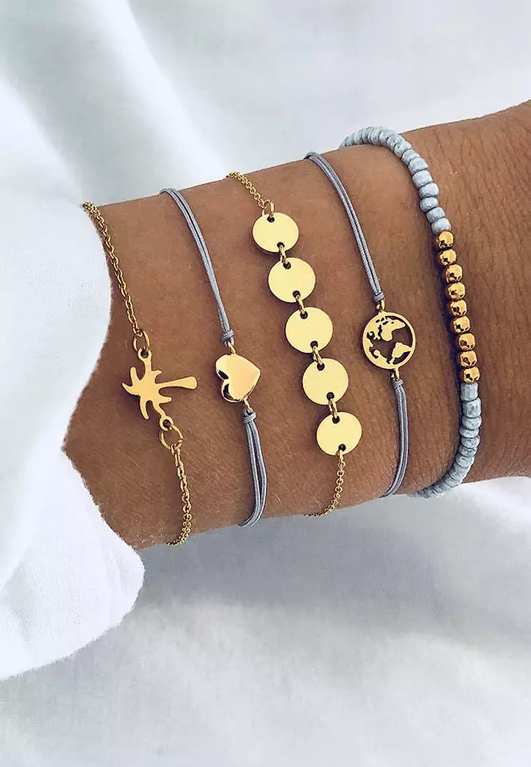 Bohemian 5-Piece Charm Bead Bracelet Set - 266 - Gold