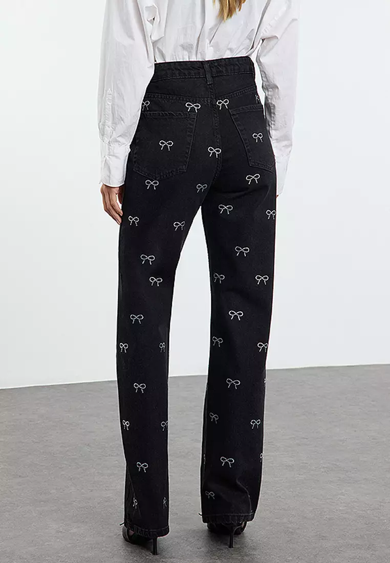 Black Bow/Ribbon Detailed Stoned High Waist Wide Leg Jeans