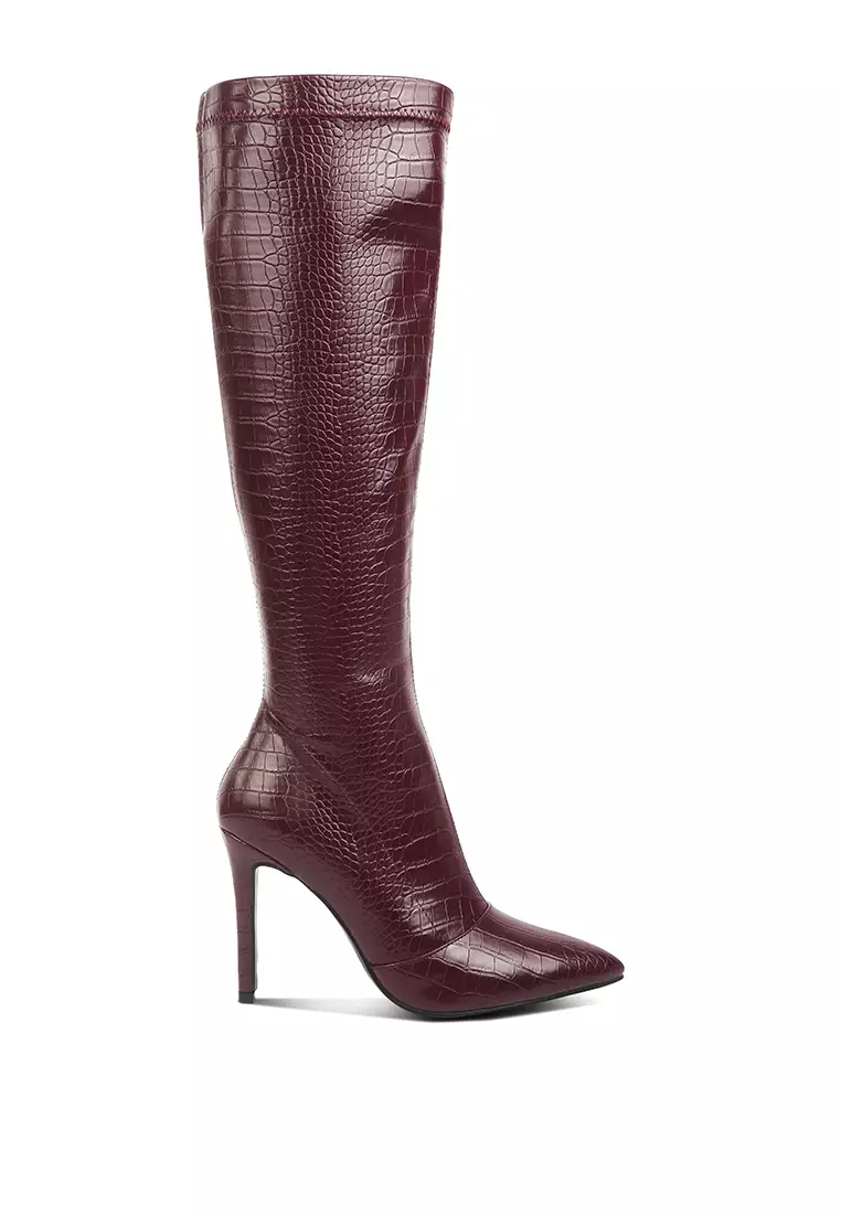 Discount on London Rag  shoes - SKU: Burgundy Croc High Heeled Calf Boots