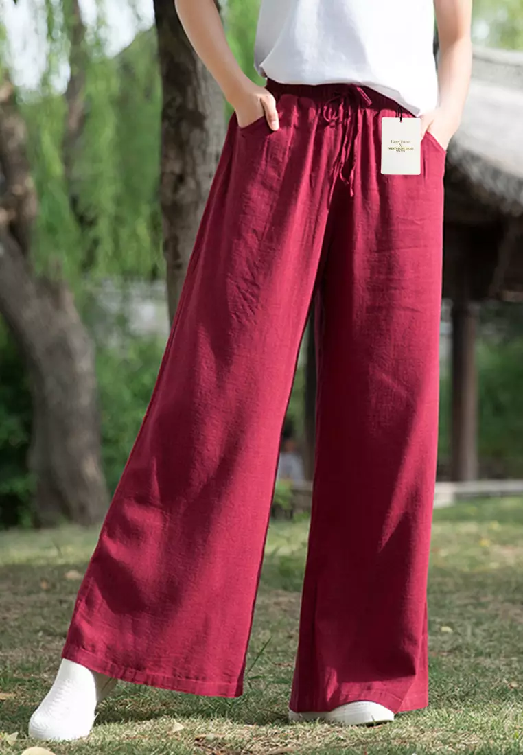 Drawstring Waist Linen Wide-leg Pants BXF2363