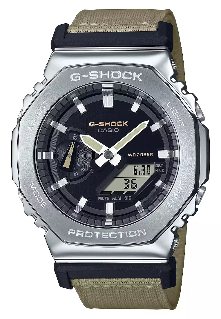 G Shock Jam Tangan Analog Digital Pria Silver Brown Nylon Strap GM 2100C 5A