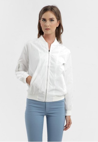 Plain Bomber Jacket with Arm Zipper in White