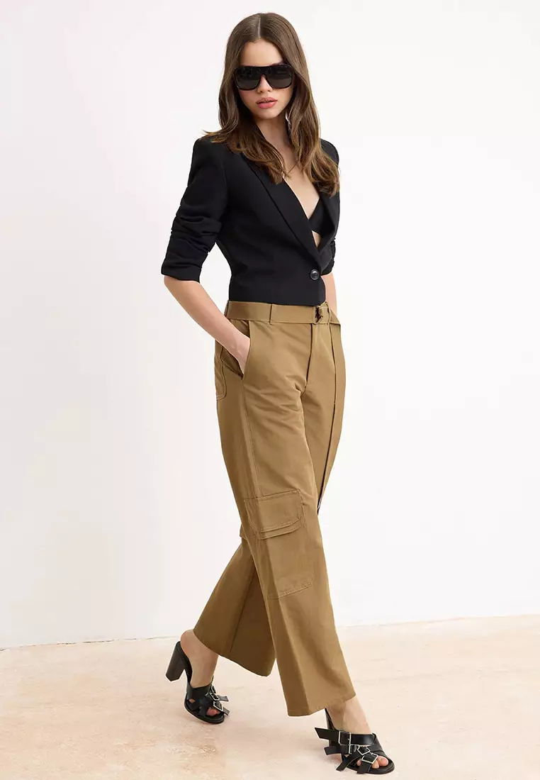 Khaki Gabardine Cargo Trousers Twoss26Pl133