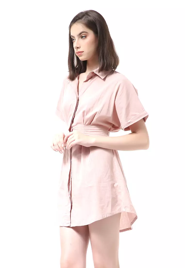 Rachel Dress Wanita Lengan Pendek Model Kemeja Plain Motive Material Cotton ORIGINAL - Dusty Pink