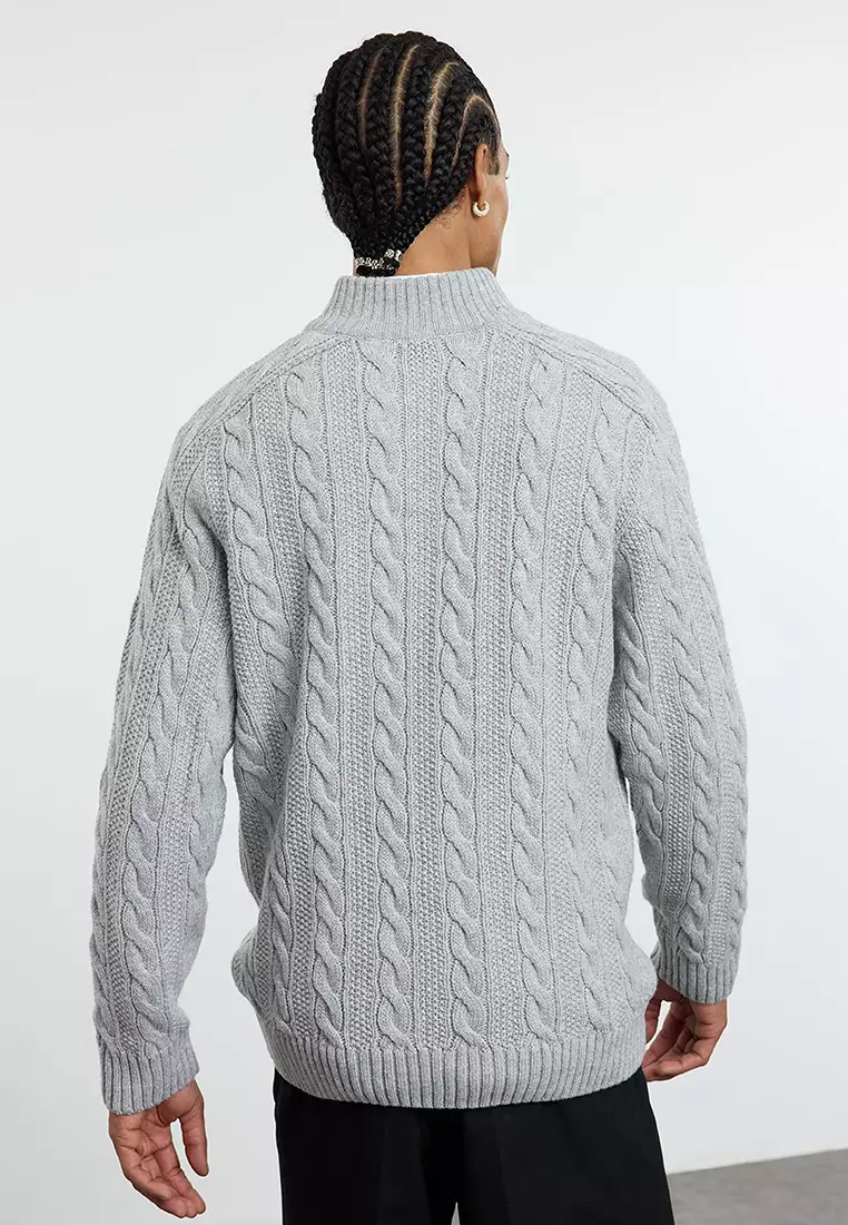 Grey Unisex Regular Fit Zippered Half Turtleneck Knit Sweater TMNAW21KZ0737