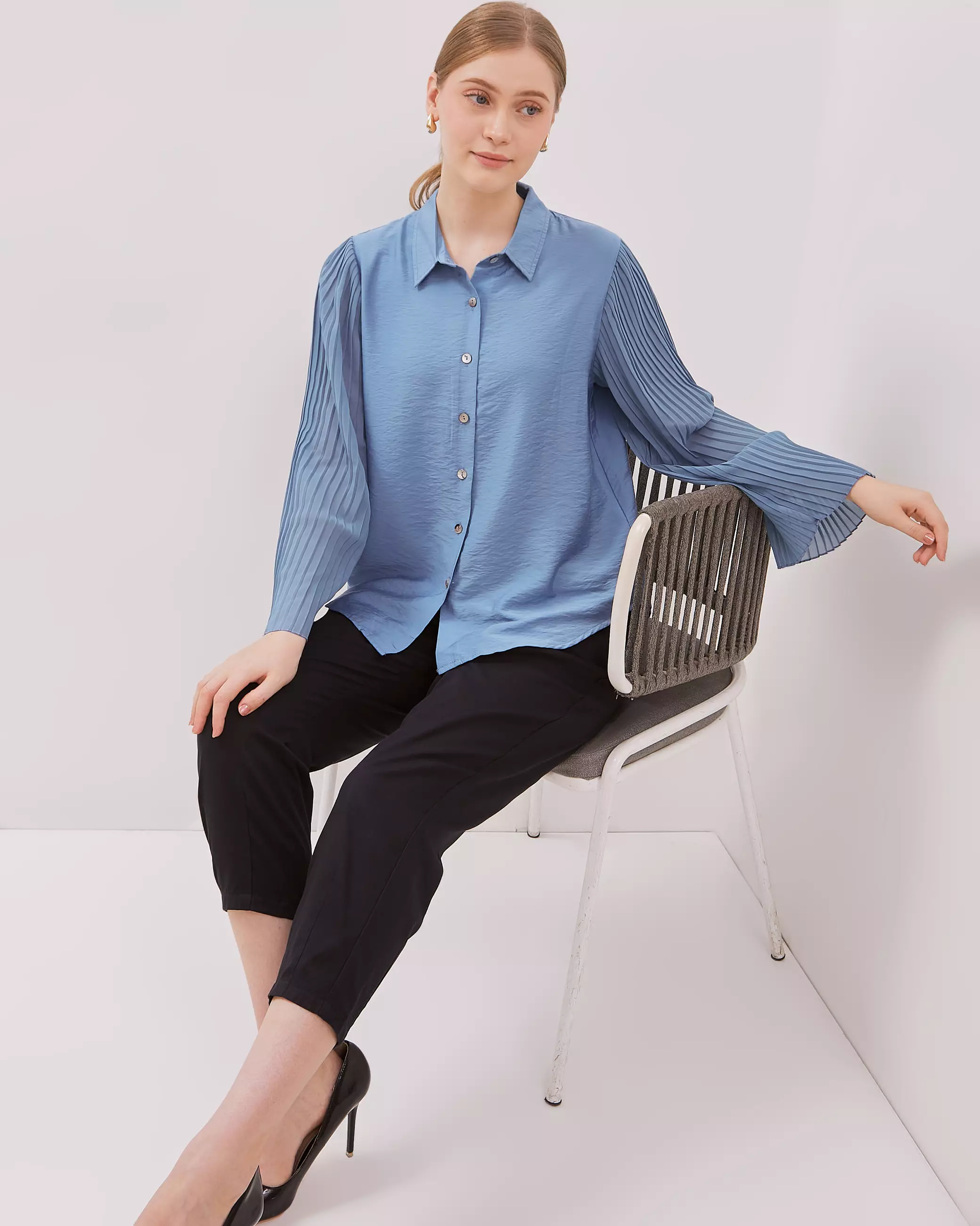 Urban Exchange Molly Blue Blouse - Atasan Blouse Wanita Lengan Panjang Warna Blue