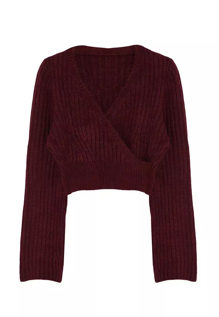 Claret Red Crop Soft Textured Double Breasted Knitwear Sweater TWOAW24KZ00381
