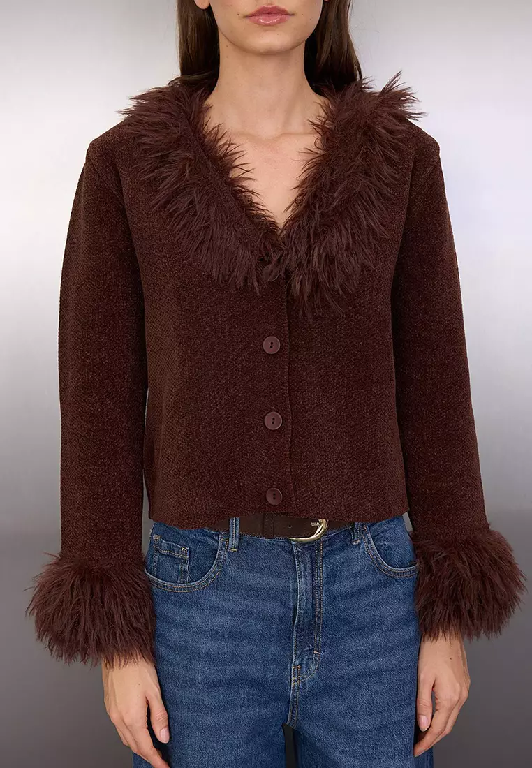 Brown Special Yarn Otris And Fur Detailed Knitwear Cardigan