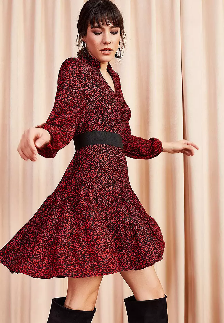 Polka Dot V-neck Flounce Dress