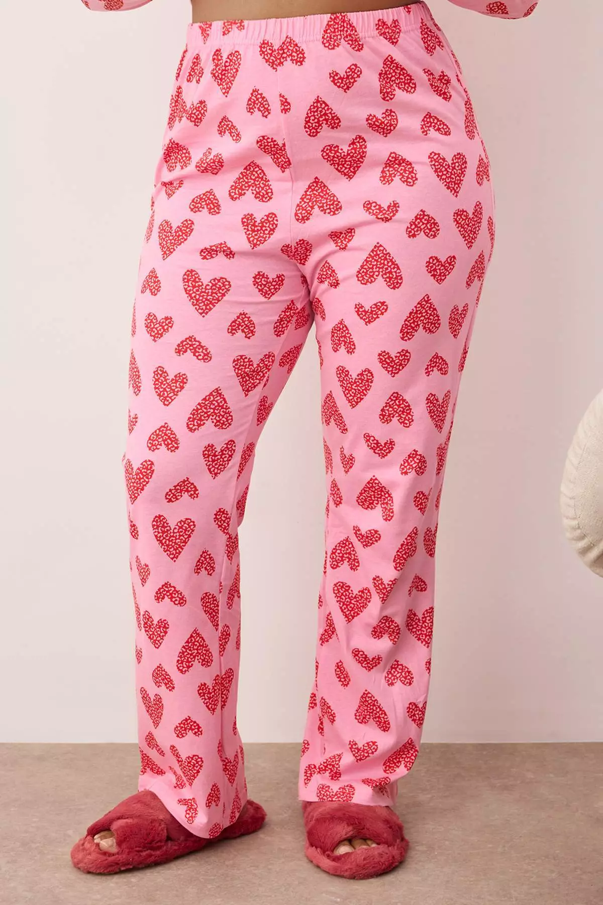 Pink 100% Cotton Heart & Leopard Patterned Shirt-Pants Knitted Pajama Set Tbbaw26Ai00017