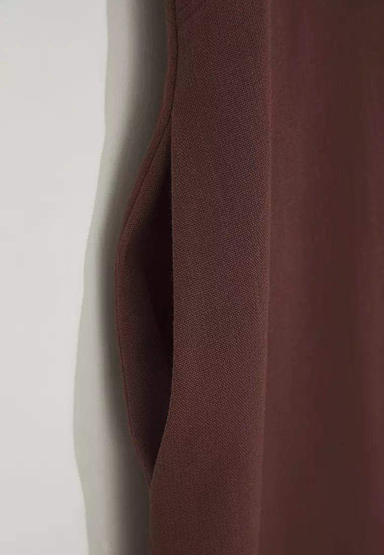 Brown Linen Blend Straight Cut Seam and Pocket Detail Midi Woven Dress TWOSS25EL00652