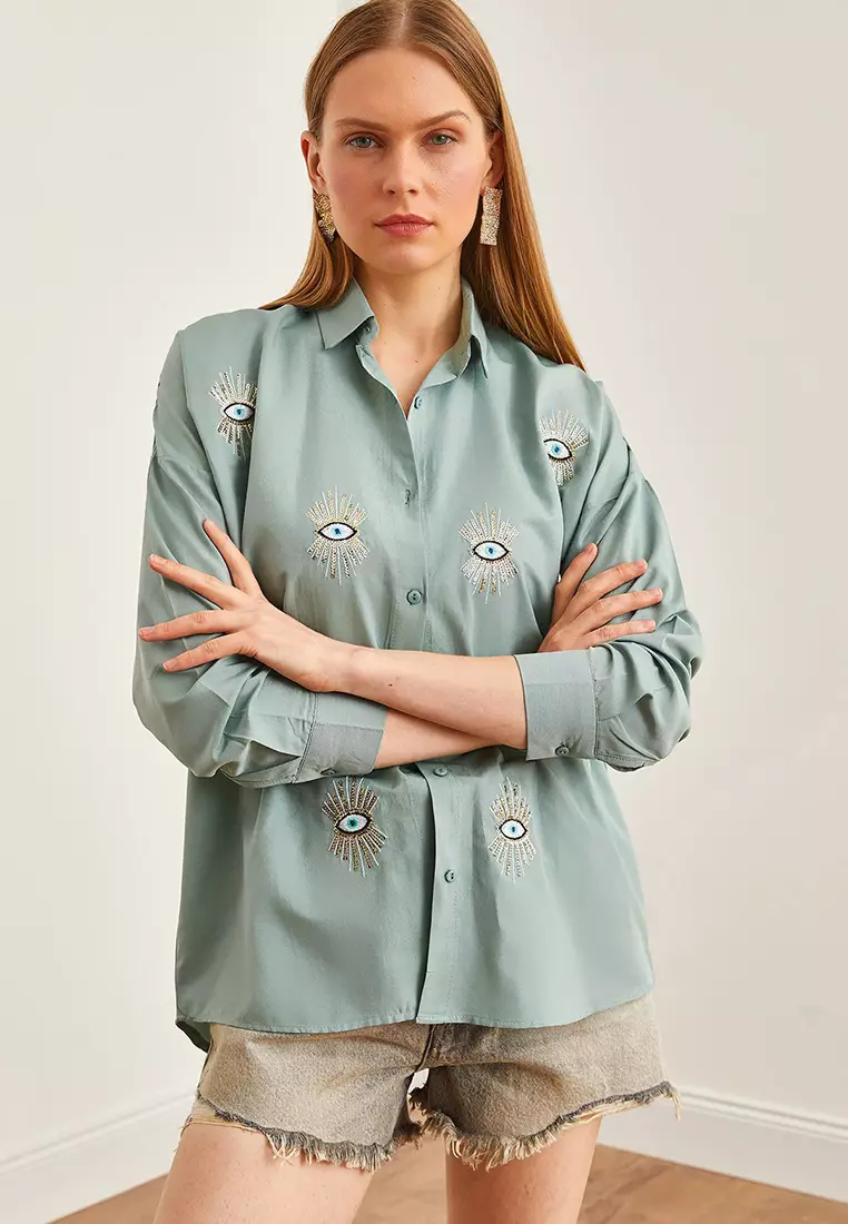 Eye Sequin Detailed Woven Boyfriend Shirt