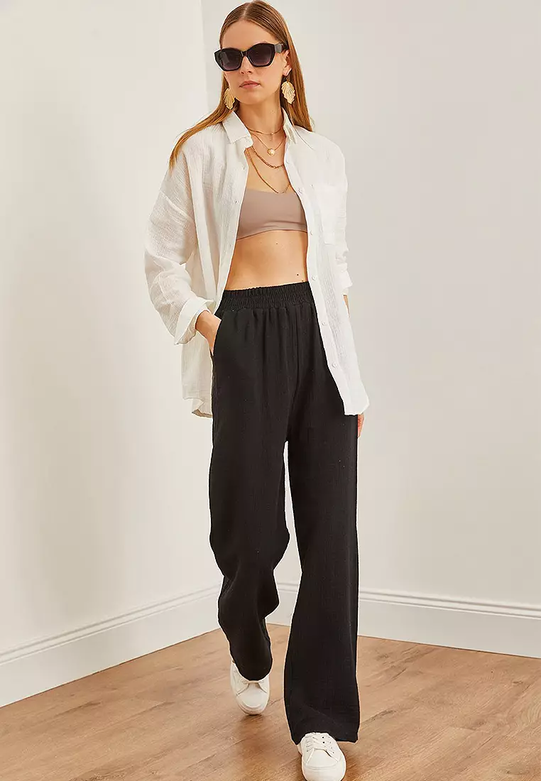 Elastic Waist Pocket Muslin Trousers