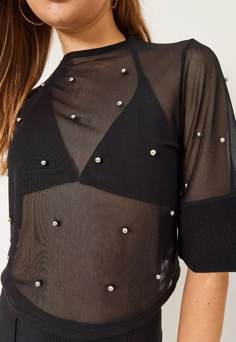 Women's Stone Printed Short Sleeve Crew Neck Transparent Blouse 60284020