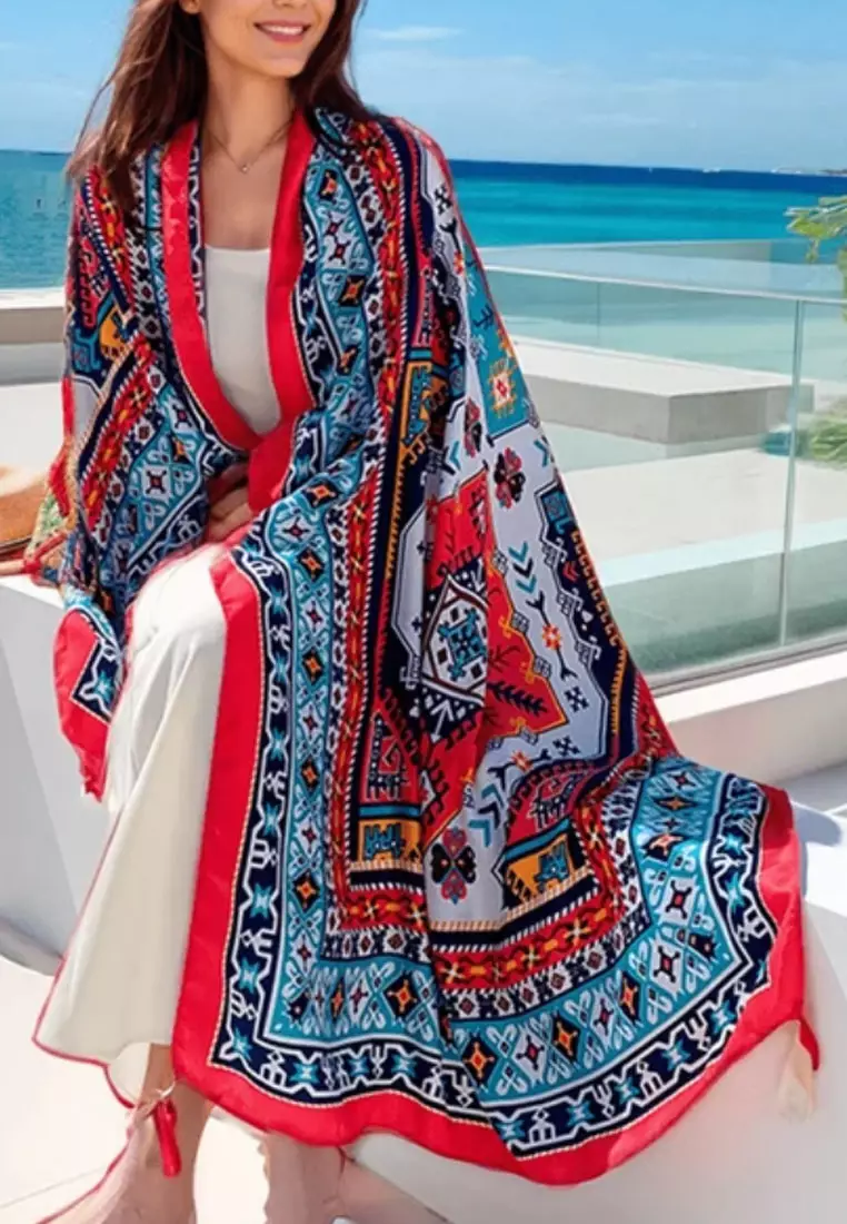 Aksesoris Wanita Mosaic Boho Pattern Tassels Viscose Shawl Syal Wanita Red