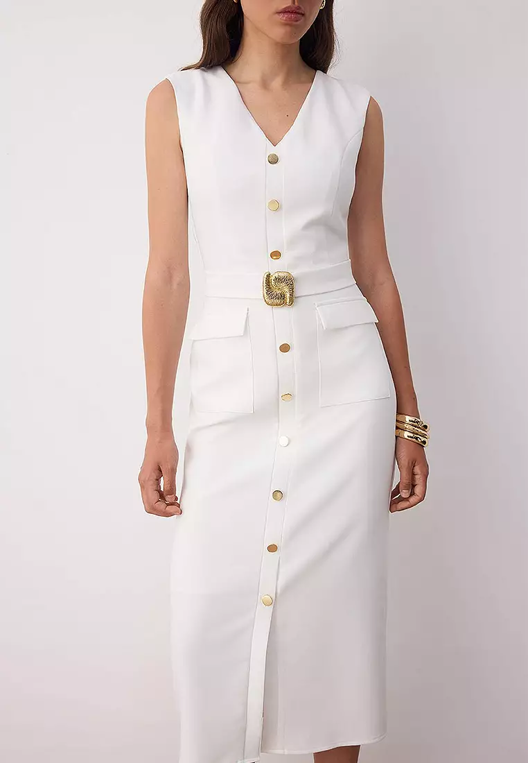 Sleeveless V-Neck Pocket Midi Dress