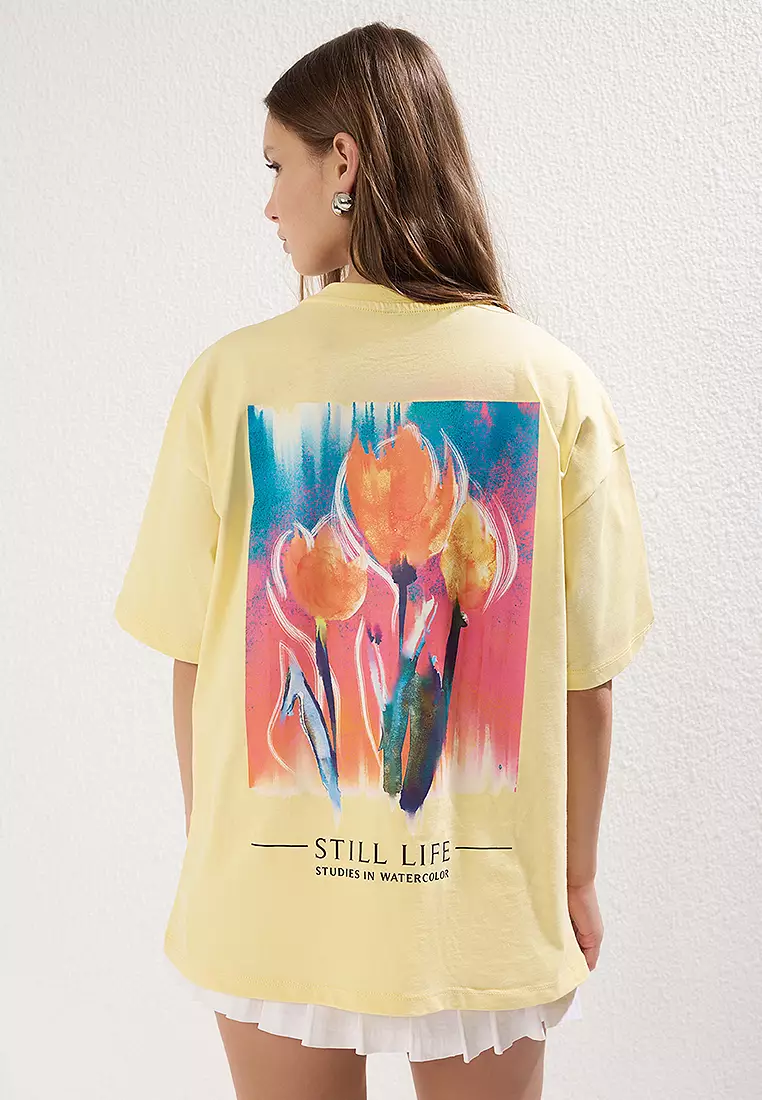 Light Yellow Oversize/Wide Pattern Front Back Printed Knitted T-Shirt