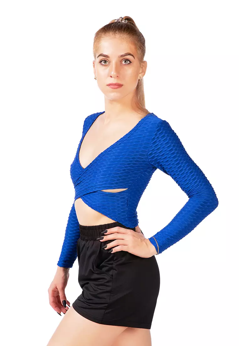 V-Neck Wrap Yoga Crop Top dengan Warna Biru