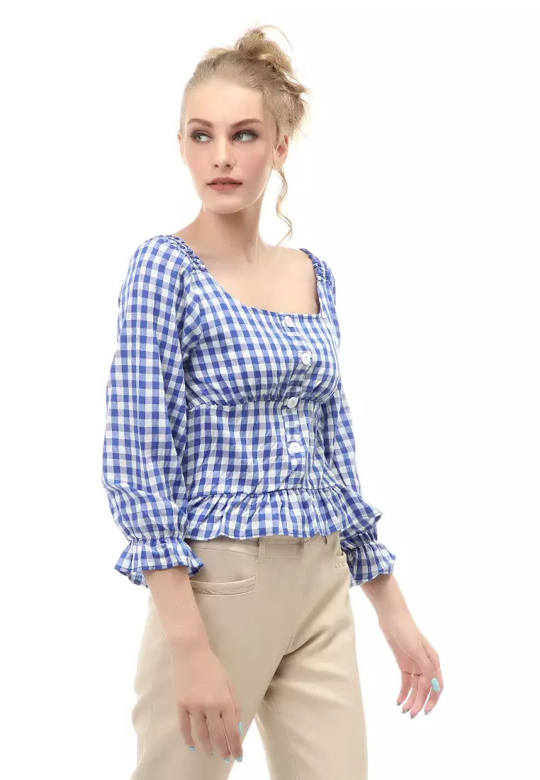 Cheva Top Blouse Atasan Wanita Kasual Motif Kotak Material Cotton ORIGINAL - Blue