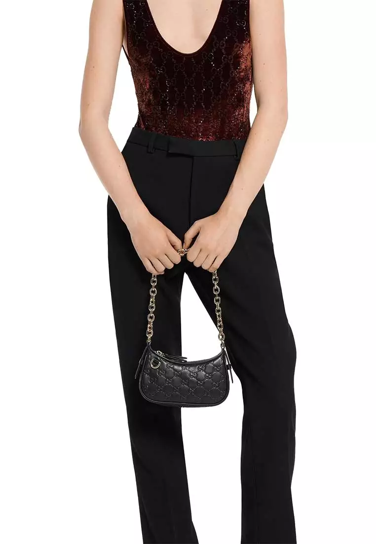 Women's GG Emblem Leather Mini Shoulder Bag Black 847091