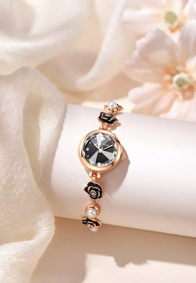 Jam Tangan Wanita Original Anti Air Tali Gelang Bunga-Bunga Korea Fashionn Jam Tangan Cewek black