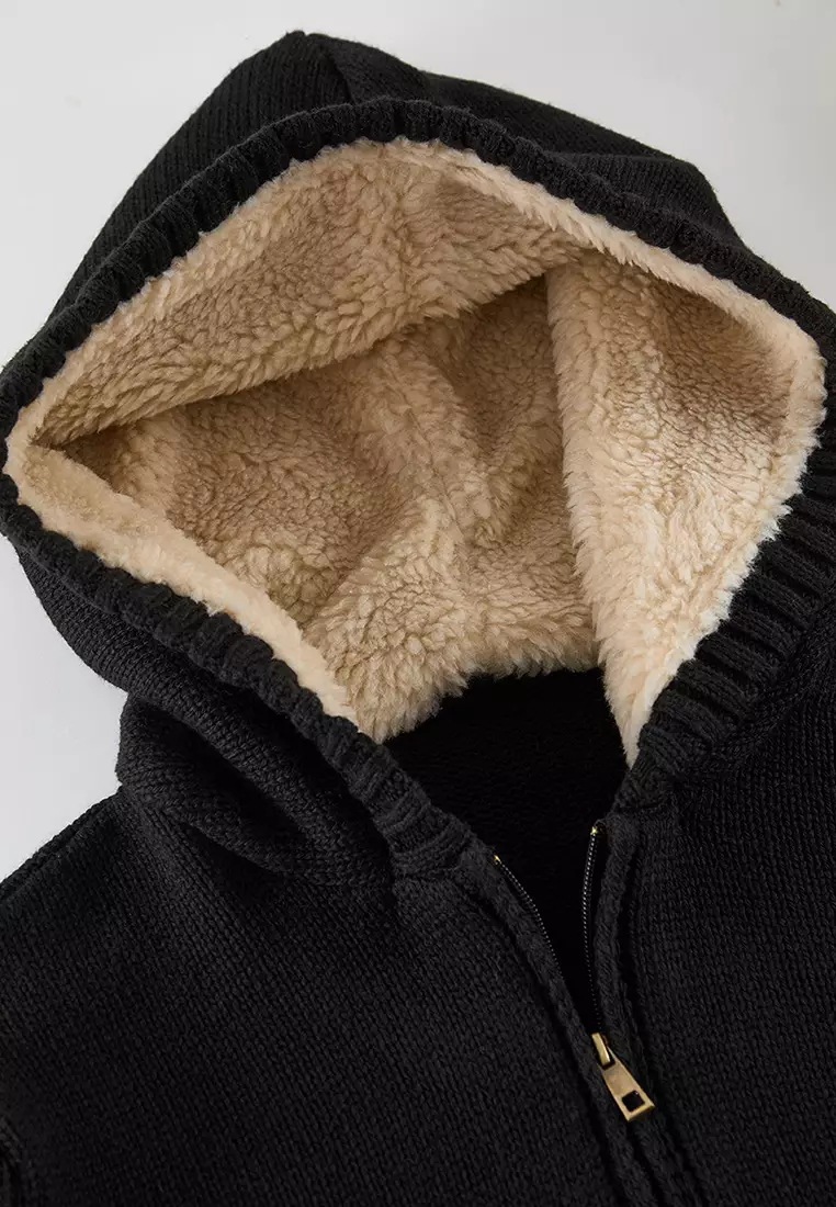 Black FL Men's Regular Hooded Plain Knitwear Cardigan TMNAW20HI0066