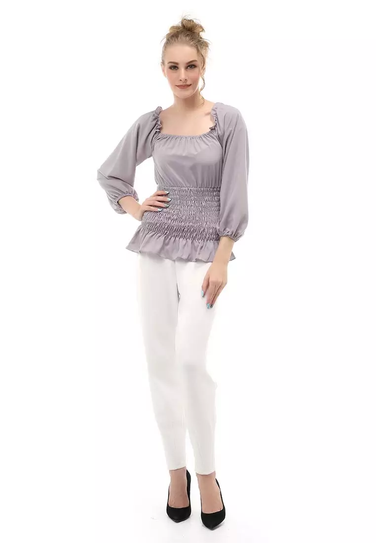 Cheva Blouse Atasan Wanita Sabrina Karet Pinggang Lengan Panjang Casual Shirt Long Sleeve Material Wolfis ORIGINAL - Gray