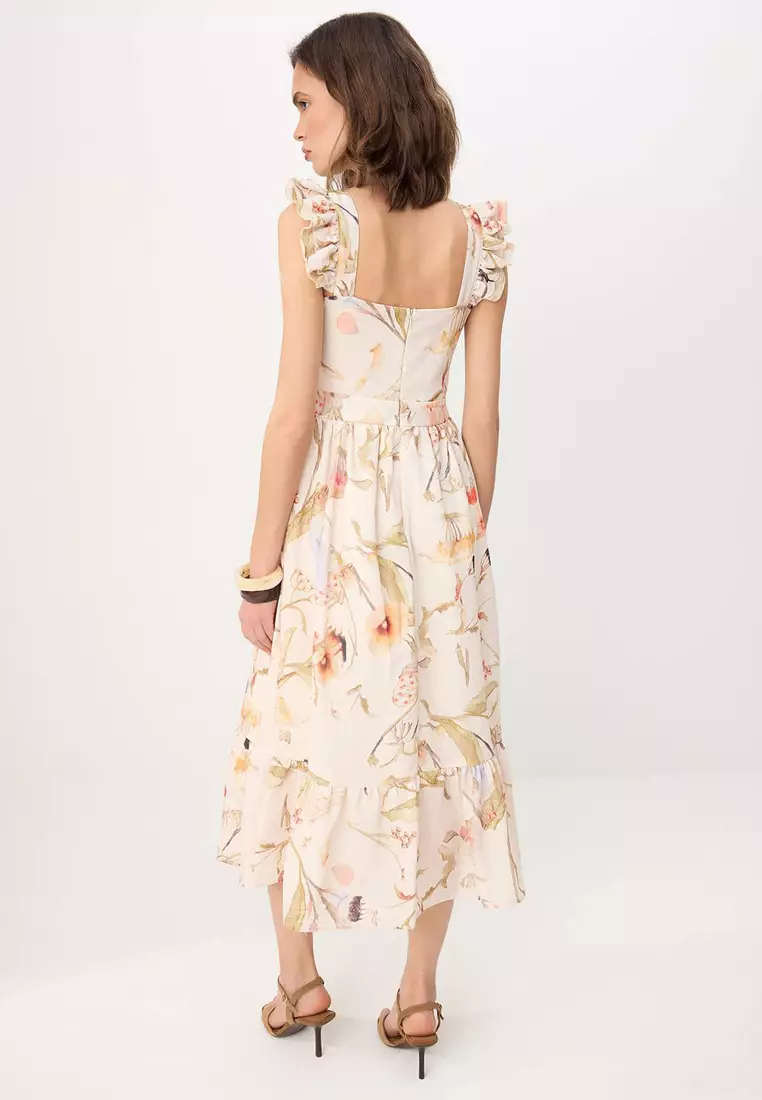 Cream Floral Midi Woven Dress Twoss26El861