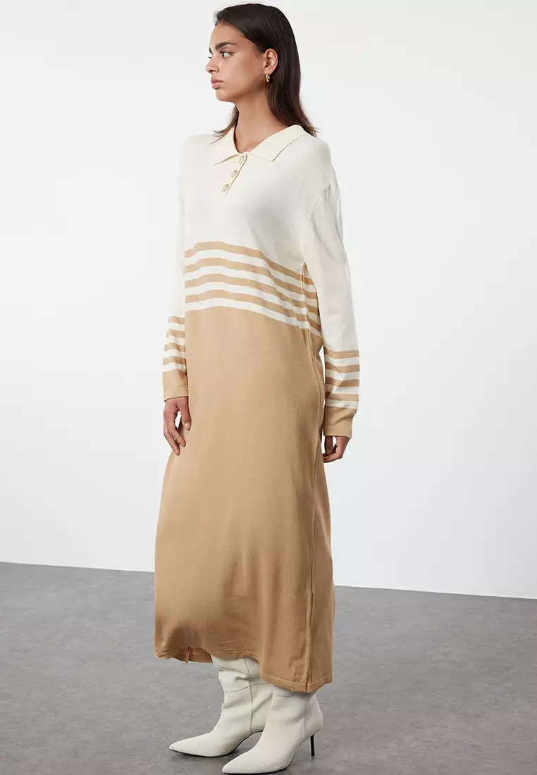 Brown Stone Buttoned Color Block Knit Dress Tctaw25Eb00002