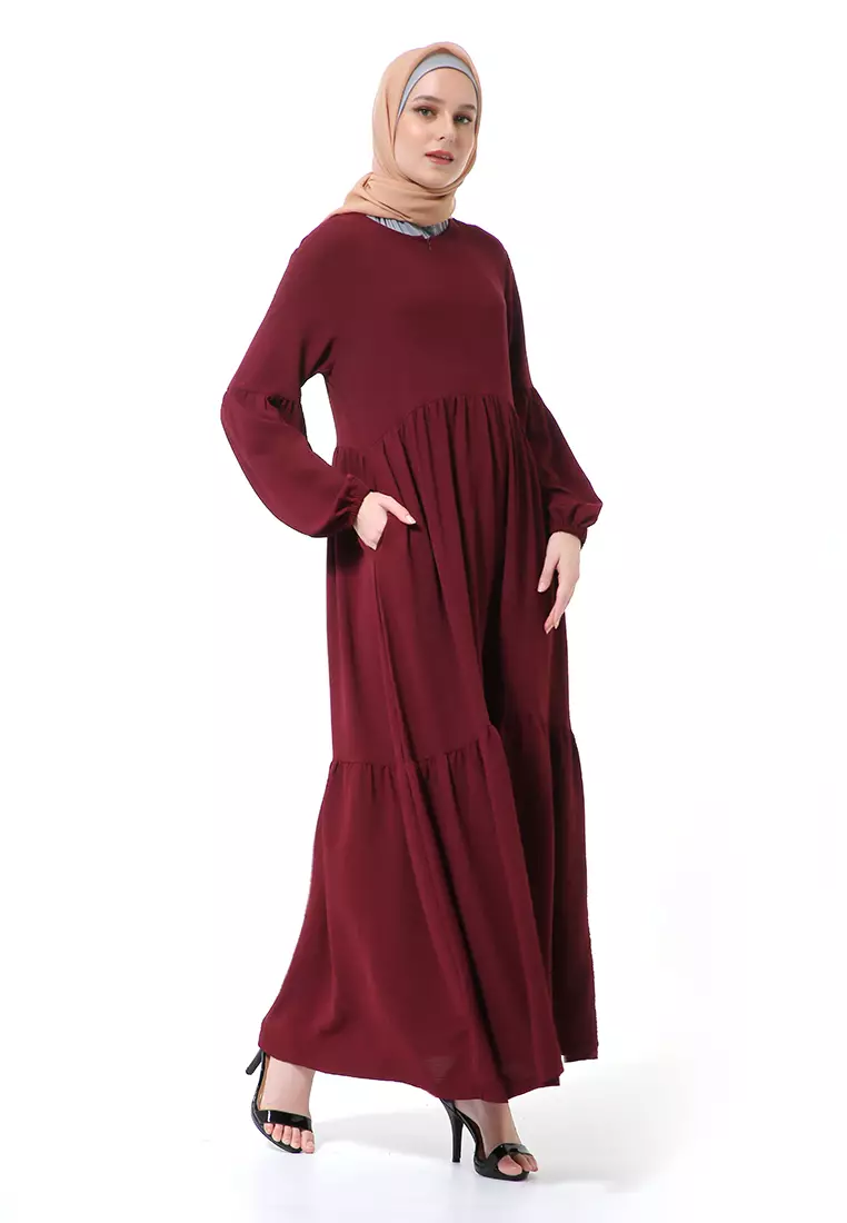 Tika Dress Wanita Gamis Muslimah Rubber Hands High Quality Premium - Burgundy