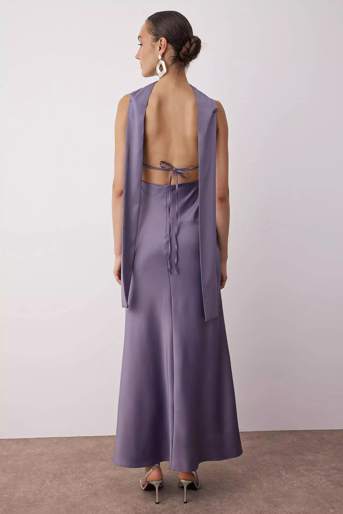 Lilac Shawl Detailed Satin Woven Maxi Evening Night Graduation Dress