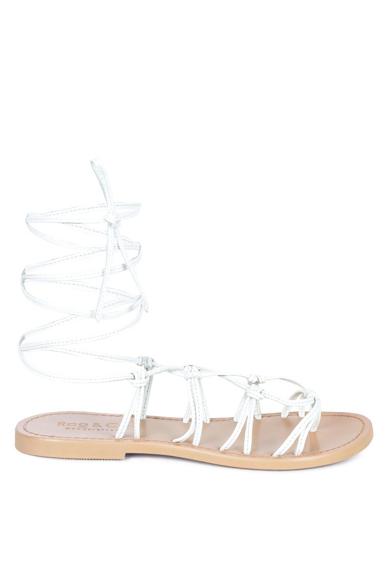 Handcrafted Leather White Tie Up String Flats