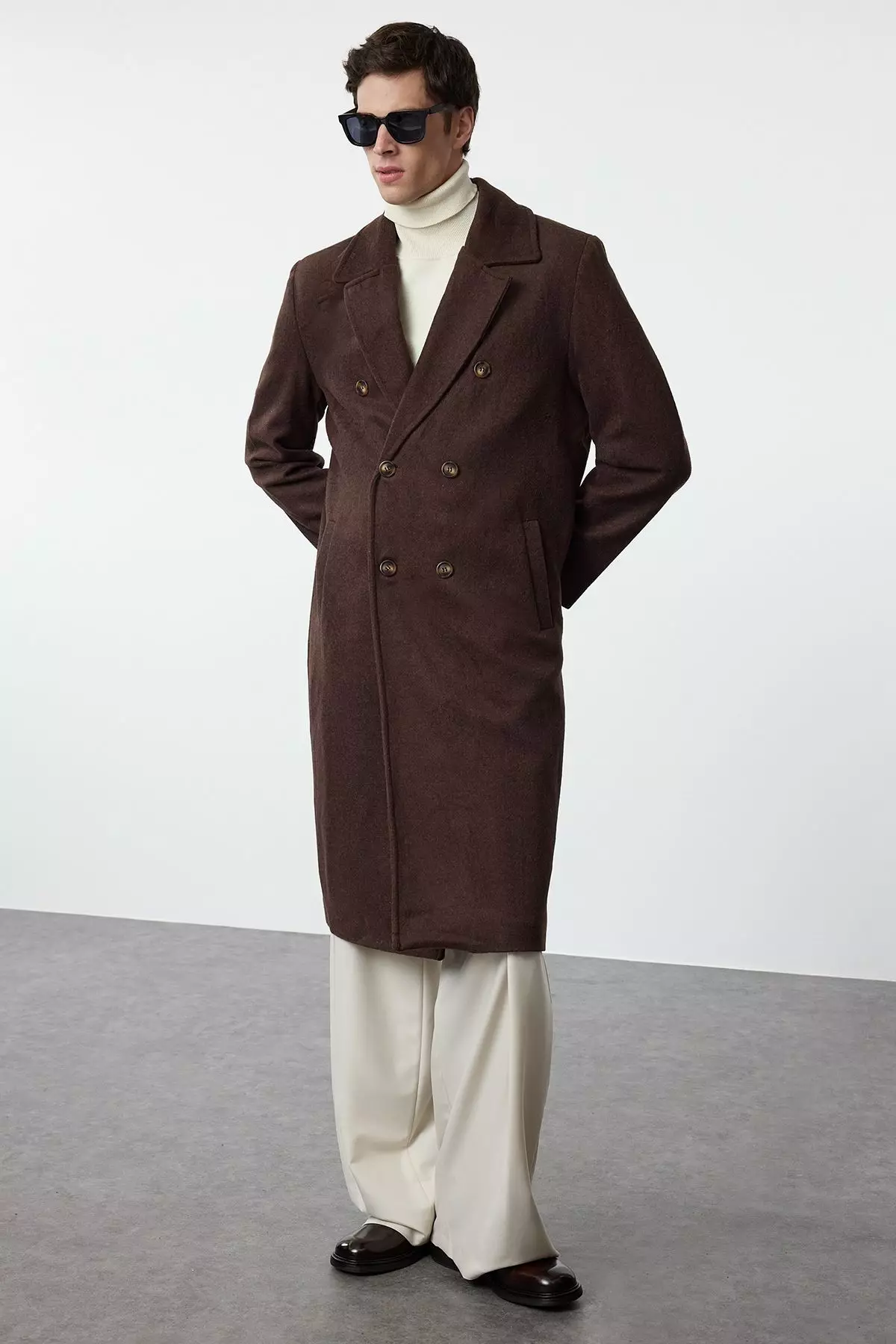 Brown Loose Fit Double Breasted Long Stitched Winter Coat TMNAW23KB00003
