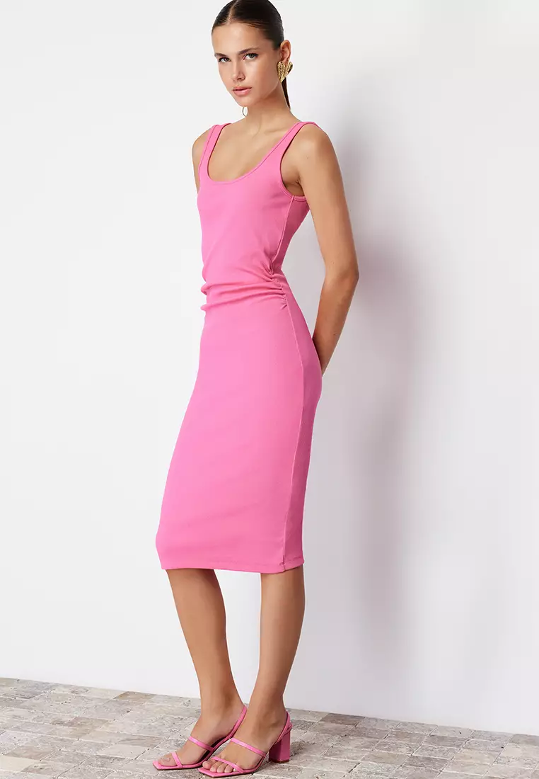 Trendyol Bodycon Abito In Maglia Lungo Aderente - Girocollo, Maniche Lunghe, Vestibilità Slim Fit - 100% Acrilico - Colore Smeraldo, Taglia S (come In Foto)