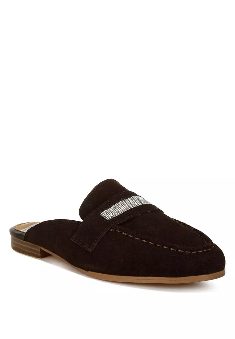 Rhinestone Strap Suede Mules in Brown