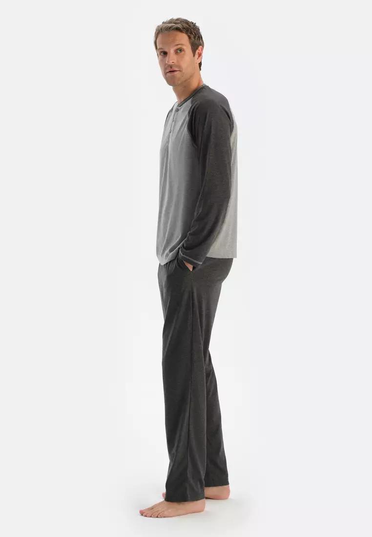 Grey Melange T-Shirt & Trousers, Crew Neck, Regular Fit, Long Sleeve Sleepwear for Men