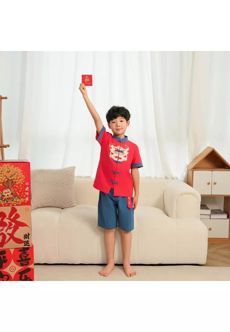 舞獅嬰兒裝兒童男童唐裝漢服套装紅色上衣與藍色短褲拜年服0838
