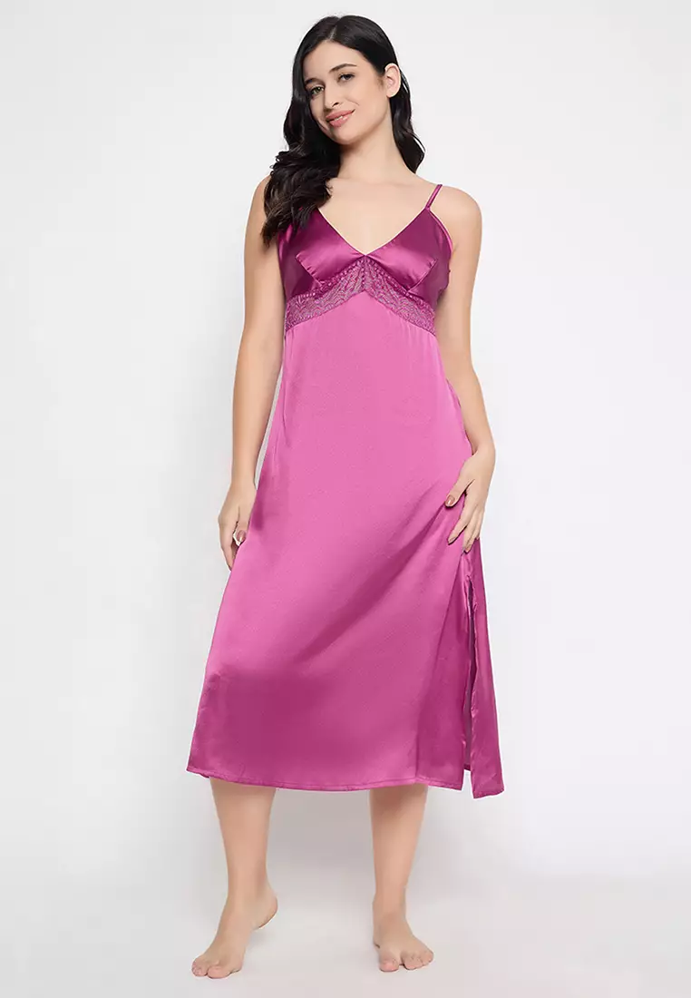 Clovia Chic Basic Long Night Dress in Magenta - Satin