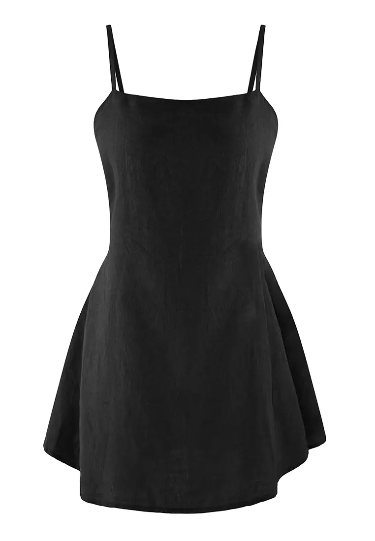 Black Mini Woven 100% Linen Beach Dress TBESS25EL00103