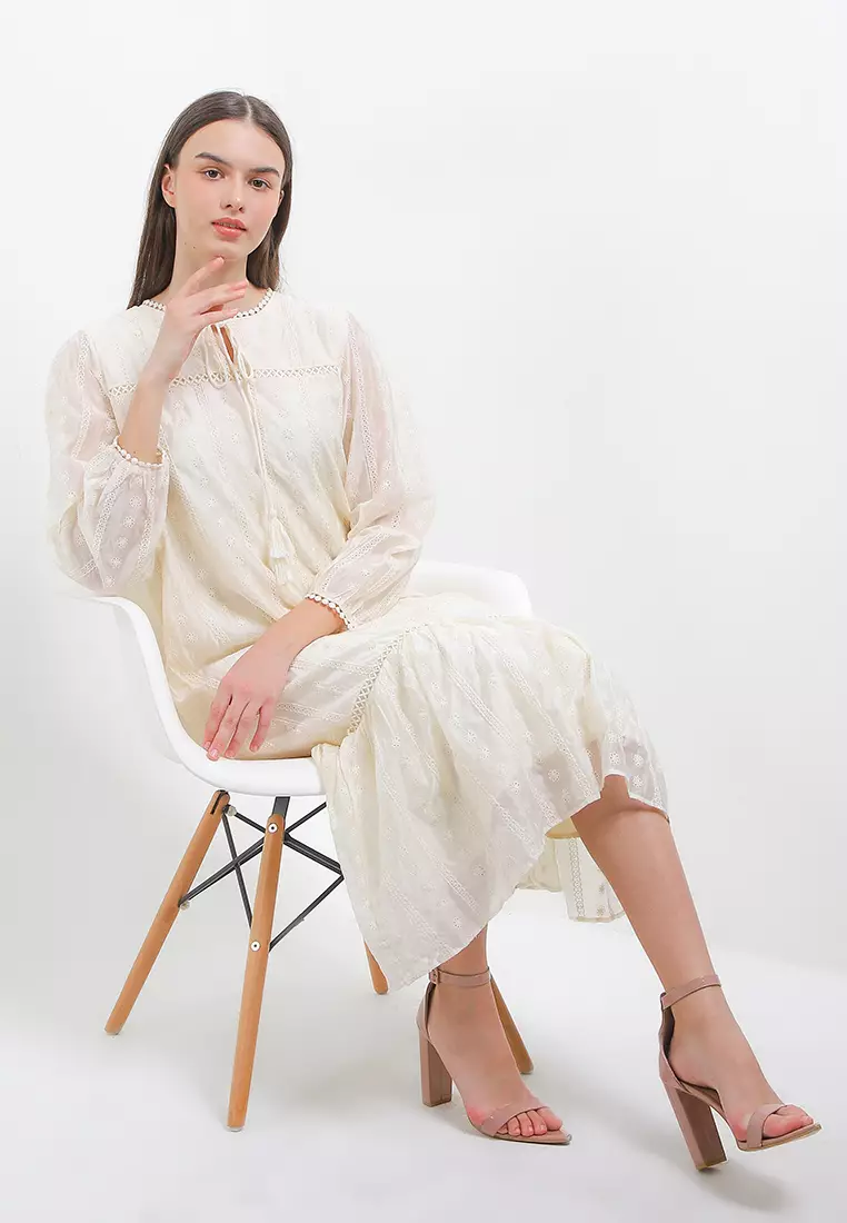 L/S Ruffle Hem Silk Eyelet Maxi Dress