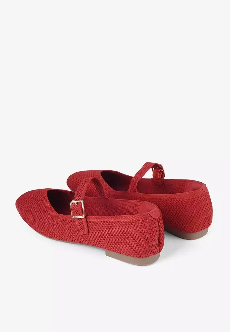 Maia Ballerina Knit Flatshoes Square Toe Mary Jane in Red