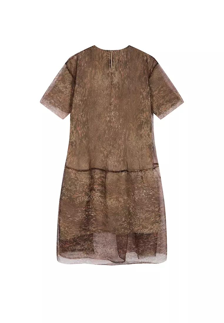 Blended Printed Pattern Element A-line Pleated Short Sleeve Dress