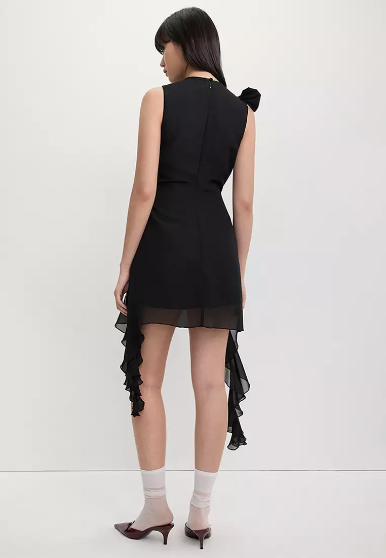 Asymmetrical Hem Bow Ruffle Dress