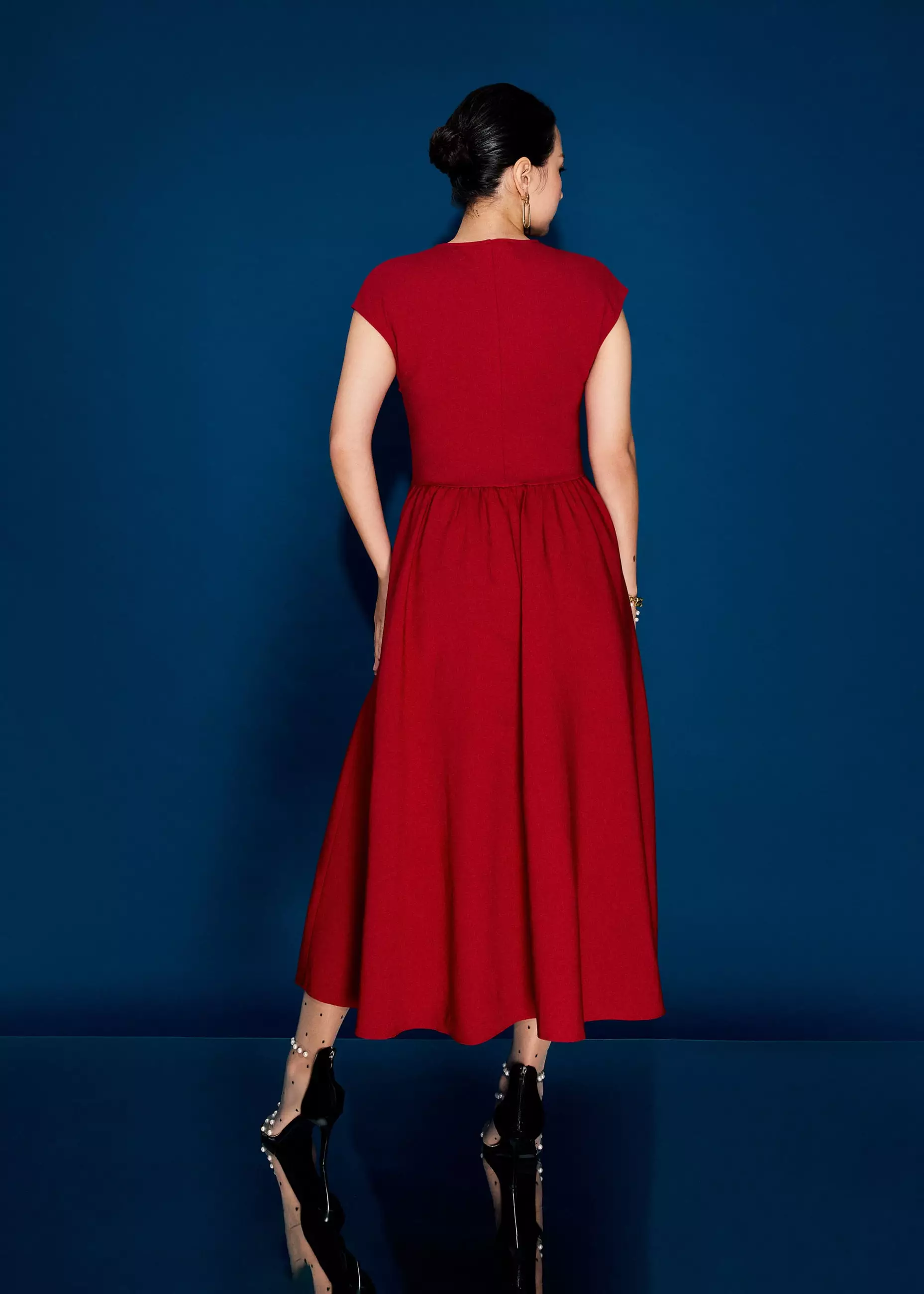 Dress Wanita - Panelled Mixed Fabric V-Neck Fit & Flare Midaxi Dress