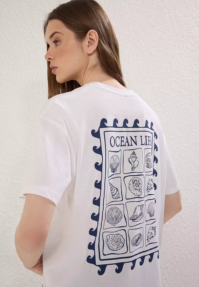 White Back Printed Oversize/Wide Pattern Knitted T-shirt TWOSS25TS00106