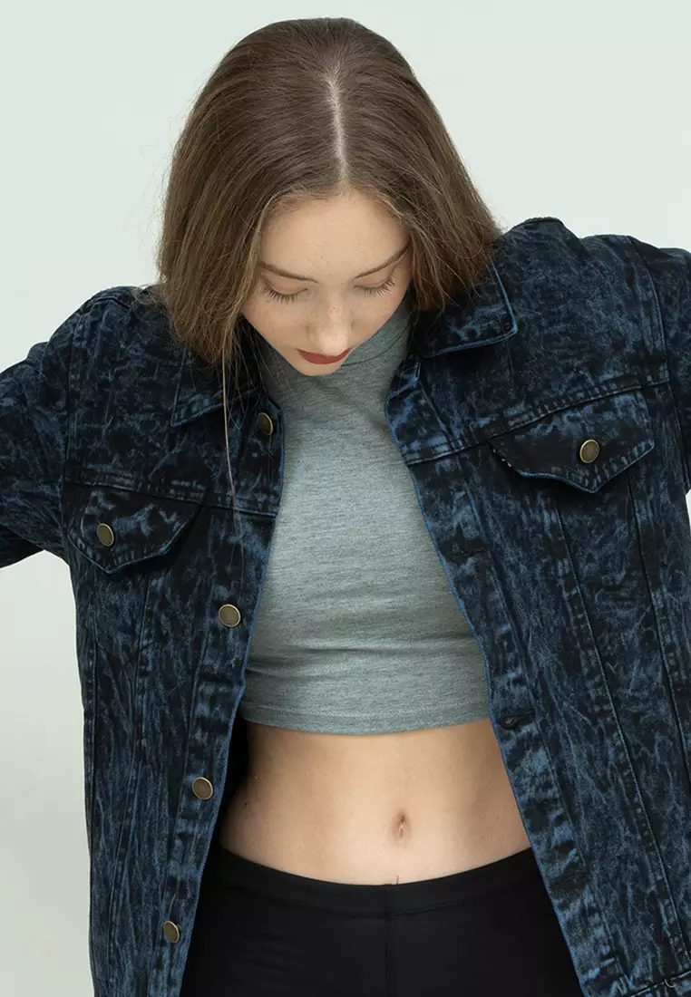 Houseofcuff Jaket Jeans wanita Polos Tebal Denim Biru Dongker Pudar