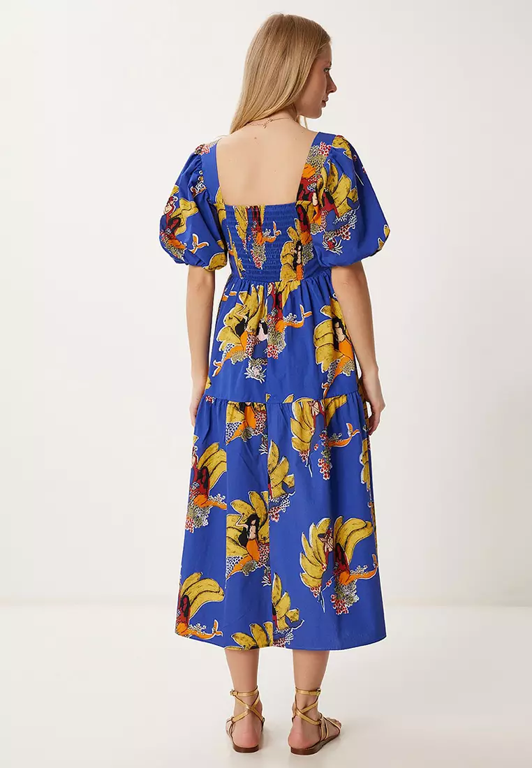 Women's Purple Yellow Patterned Summer Midi Poplin Dress Fk00017