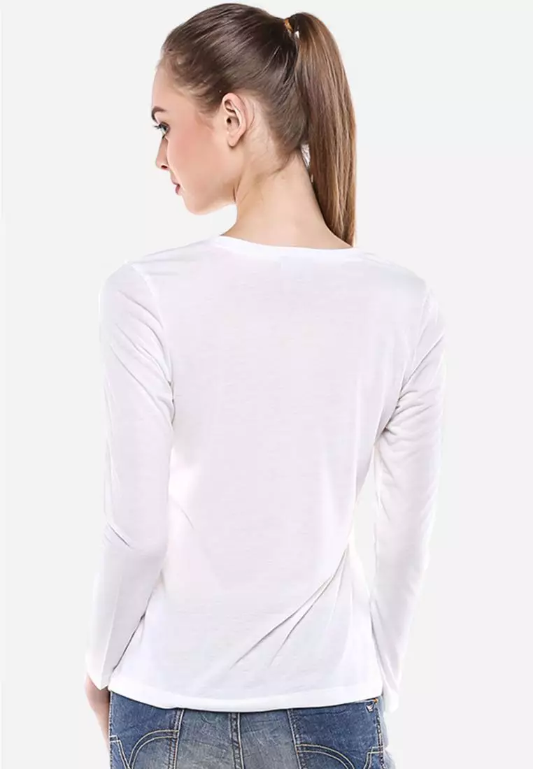 LGS Kaos Wanita Lengan Panjang Slim Fit Putih Sablon Gambar Bunga