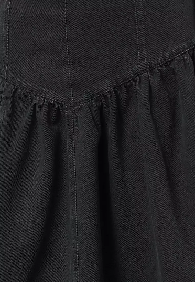 Black Flounce Maxi Denim Skirt