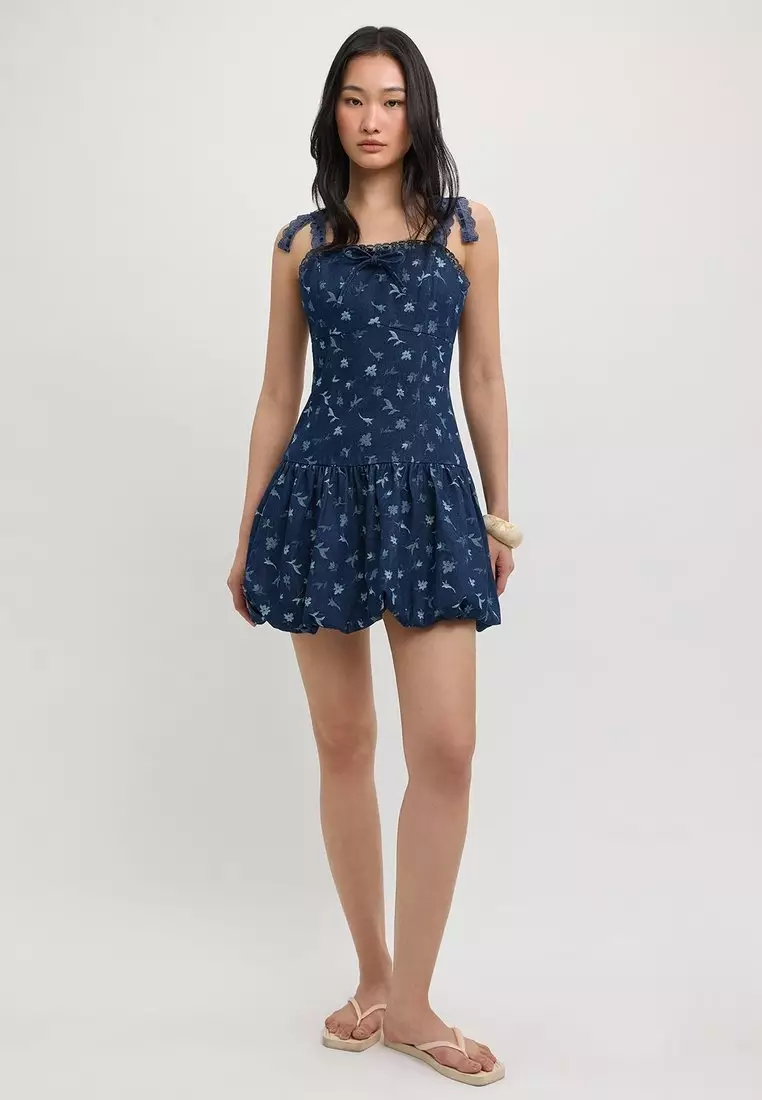 Bubble Hem Mini Dress - Blue